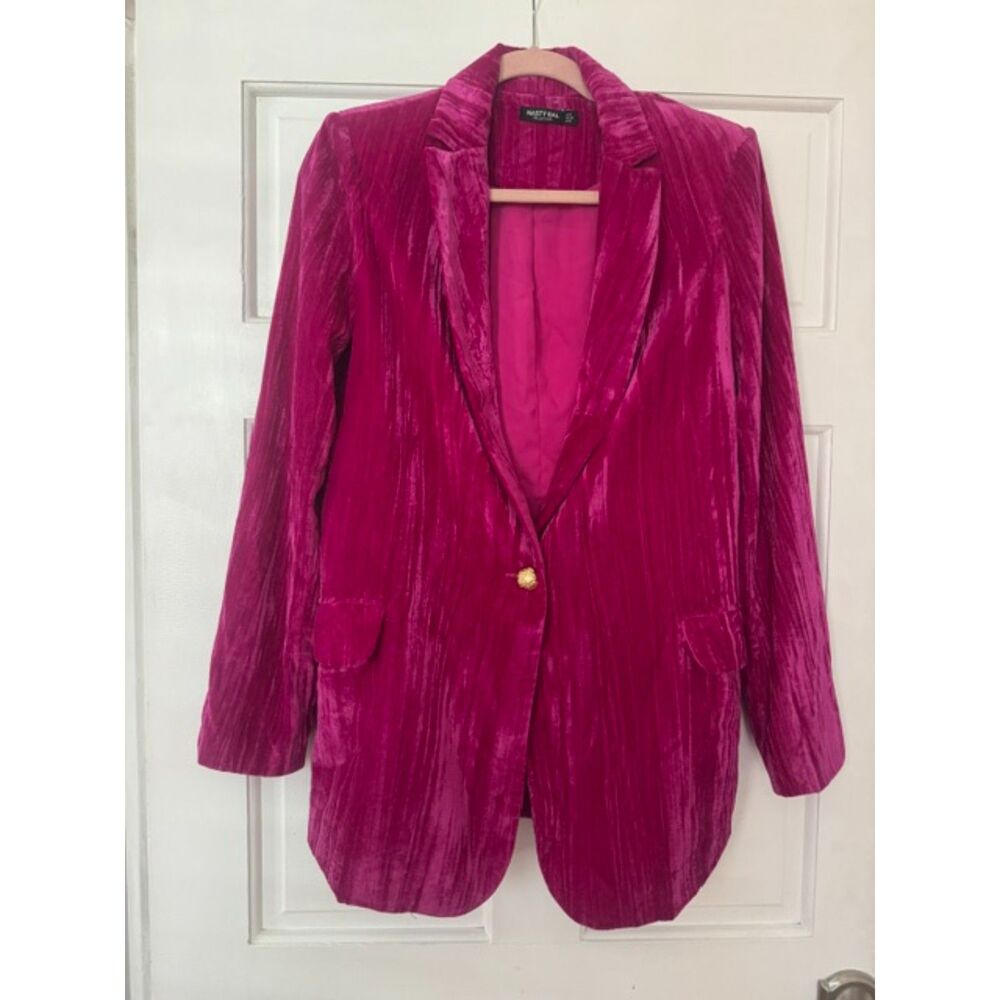 Nasty Gal Hot Pink Premium Crushed Velvet Blazer, Size 6.